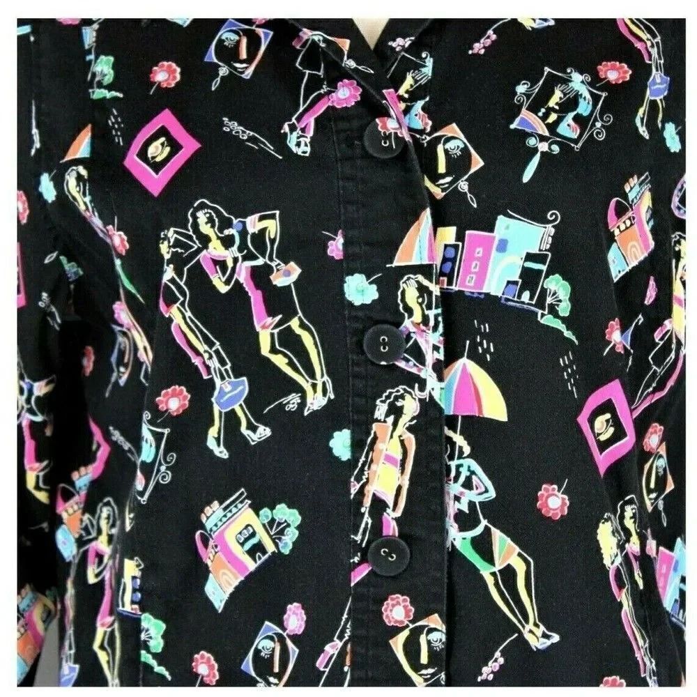 Jacket Lightweight Button Up Cottagecore Fashion Themed Print Pockets Black Sz L - Picture 4 of 7